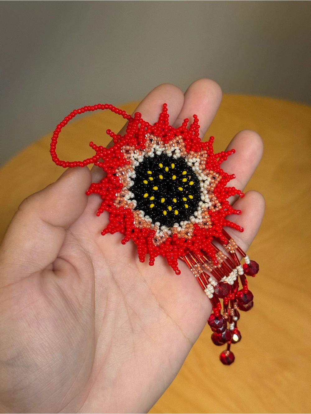 Red Handmade Indigenous Beaded Sunflower Hanging Ornament Sun Catcher Art Craft